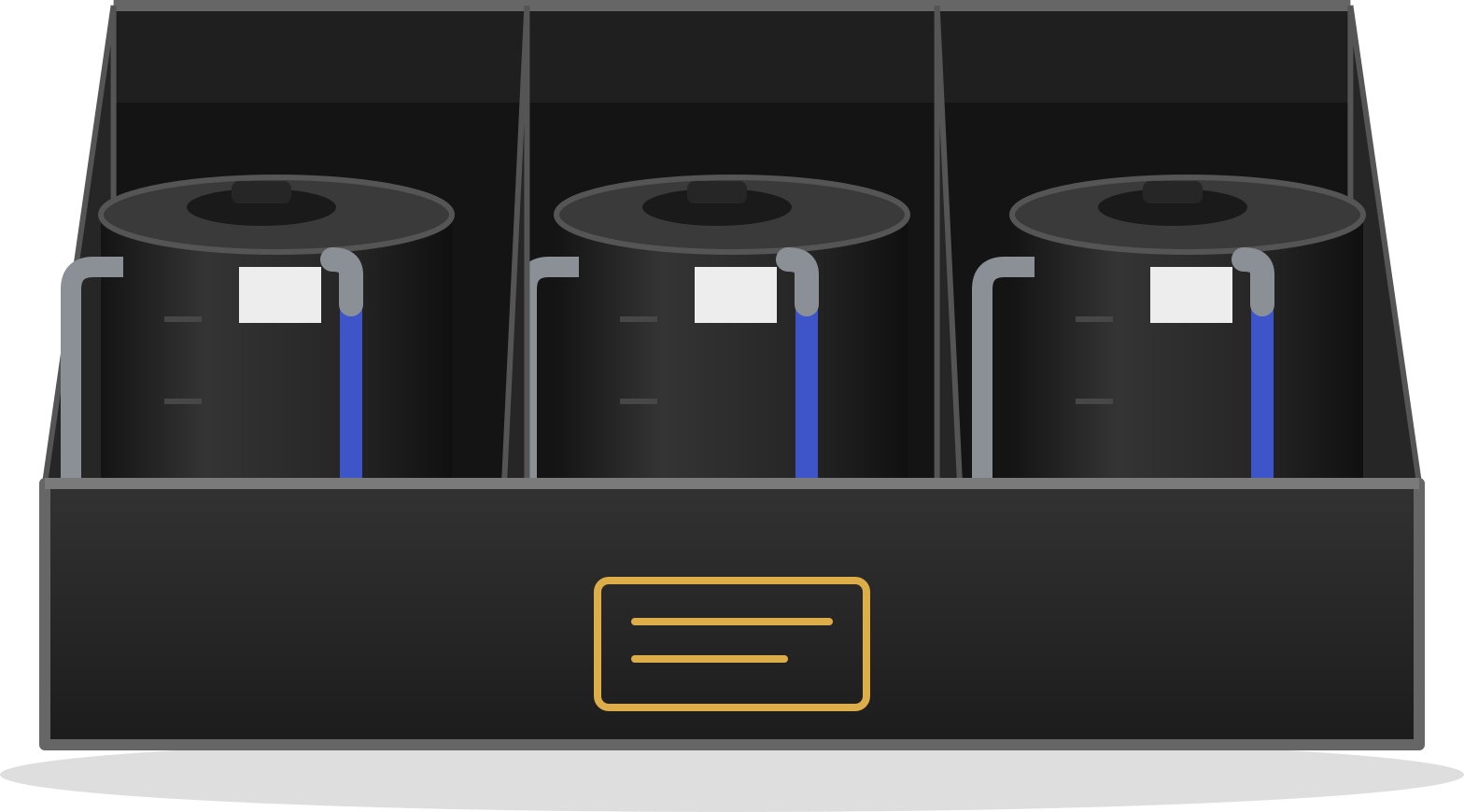 Illustration of a welded polypropylene spill containment basin holding three drums